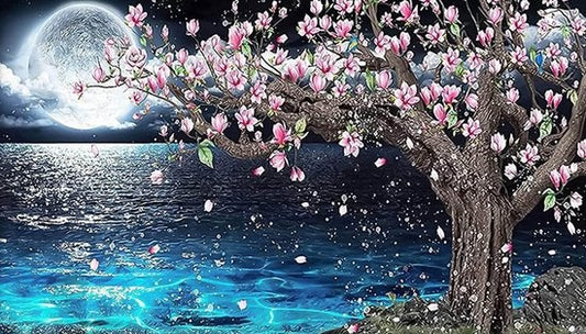 Rubye® Peinture au diamant adultes - Peinture au diamant enfants - Peinture au diamant paquet complet - Pleine lune et fleurs - 70x40cm