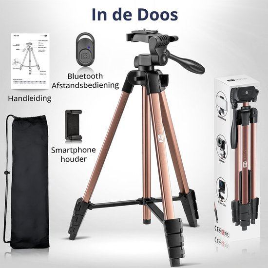 Studio ME Phone Tripod - 136 cm - Tripod Smartphone - Rose Gold - Camera Tripod - Phone Holder - Incl. Bluetooth Remote Control - Tripod Phone