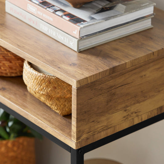SoBuy Table d'appoint - 2 compartiments de rangement - Structure en acier - 100 x 40 x 80 cm - Bois/métal