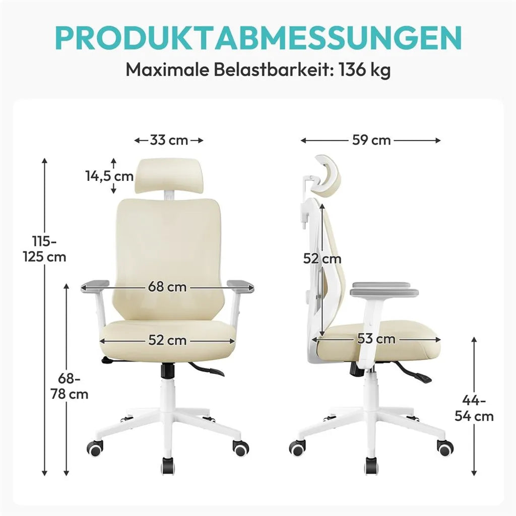 Chaise de bureau ergonomique Yaheetech avec appui-tête et soutien lombaire réglables - Beige - 70 x 59 x 115-125 cm