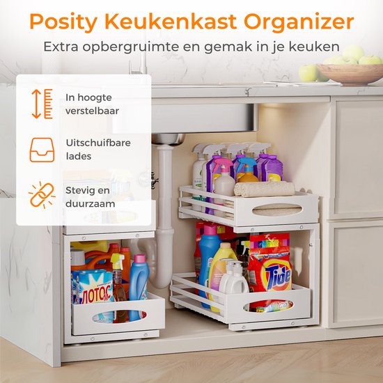 Posity Rangement pour armoire de cuisine - Rangement pour évier - Rangement pour comptoir - Support de rangement - Rangement pour salle de bain - Support de cuisine - Extensible - Métal - Blanc