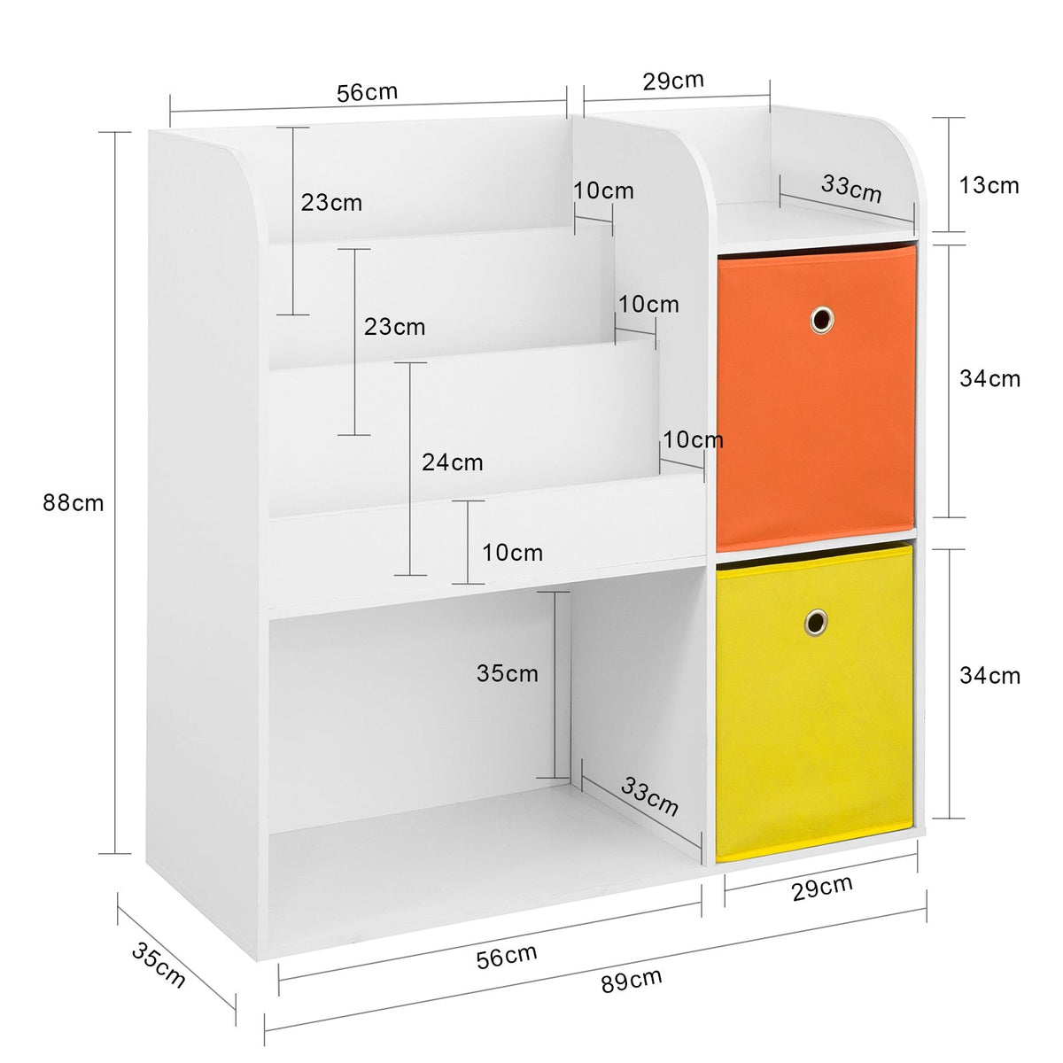 SoBuy Meuble de rangement pour livres et jouets - 2 paniers - 89 x 35 x 88 cm - Blanc