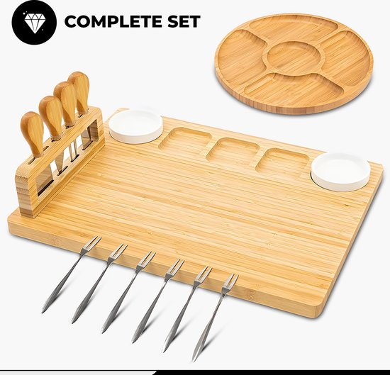 Kicinn Drinking Board - Tapas Board - Cheese Board - Serving Board - Drinking Board Wood - Incl. Cheese Knives, Forks, Bowls and Extra Serving Board - Bamboo