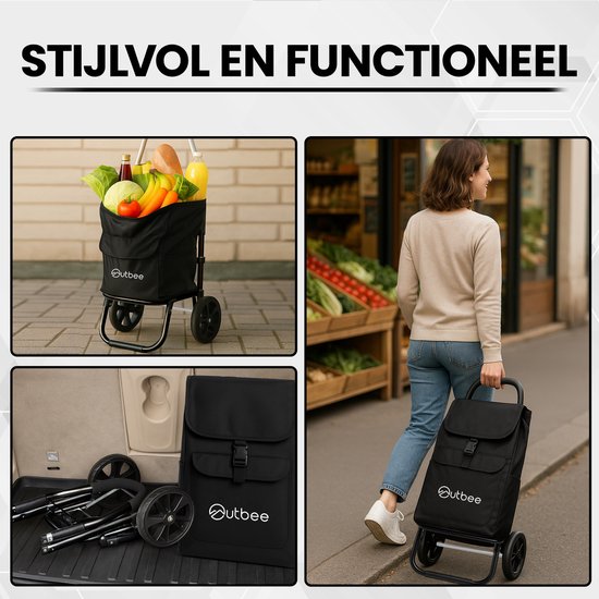 Outbee Chariot de courses - Pliable - Polyester - Avec roues EVA - Cadre en aluminium - Capacité de charge 45 kg - Noir