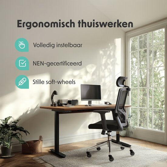 LifeGoods Chaise de bureau ergonomique - avec roulettes anti-rayures supplémentaires - Chaise de bureau - certifiée NEN et SGS - Adultes - Appui-tête - Noir/Chrome