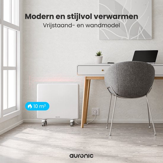 Convecteur électrique - 1000W - Chauffage électrique - 3 niveaux - Panneau métallique - Roues - Blanc