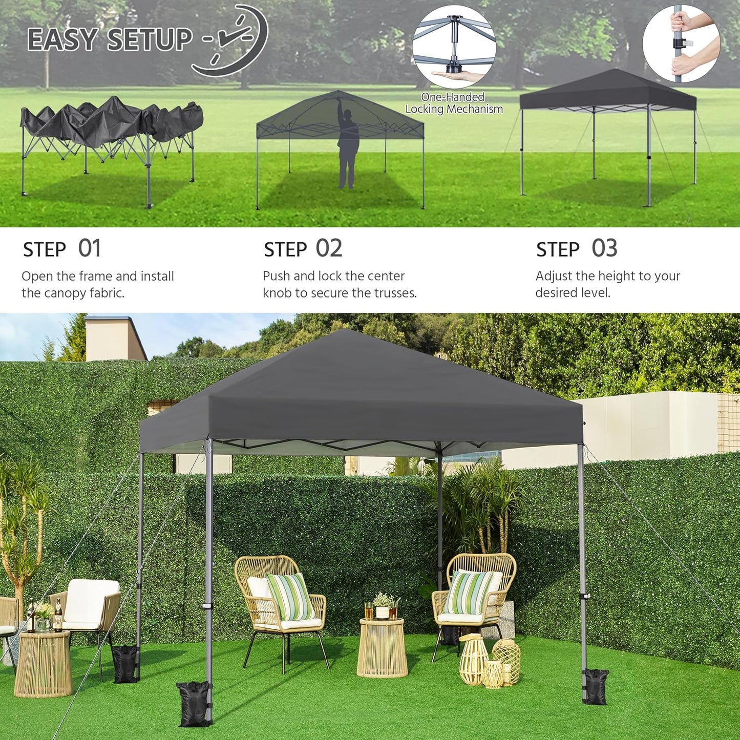 Pavillon pliable Yaheetech 3 x 3 m, gris foncé - Imperméable - Protection UV 50+ - S’accompagne de piquets, de sacs de sable et d’un sac de transport