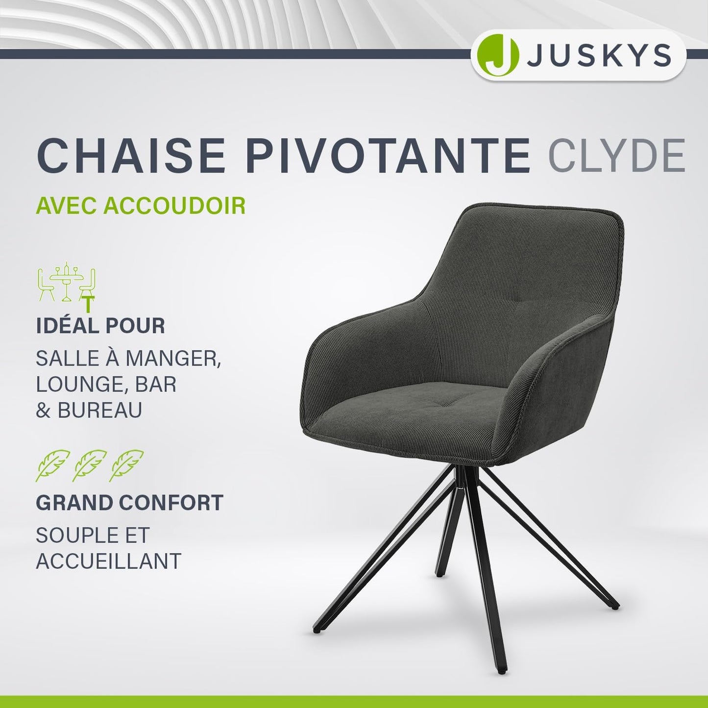 Chaise de salle à manger Juskys avec accoudoir - capacité de 120 kg - 61 x 57 x 85 cm - gris clair
