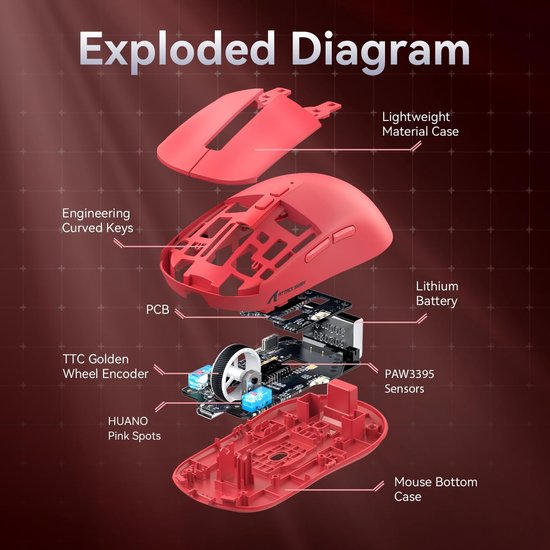 ATTACK SHARK X6 Wireless Gaming Mouse - RGB Charging Dock - Wired/2.4G/BT5.4 - Lightweight 56G - PAW3395 - 26000DPI - Rouge