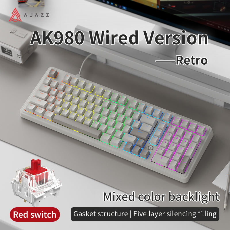 Clavier mécanique Ajazz AK980 - Disposition à 98 % - Hot-Swap - RGB - Blanc/Gris