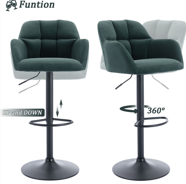 Lot de 2 tabourets de bar WAHSON en velours vert - Réglables en hauteur de 65 à 87 cm - Pivotants
