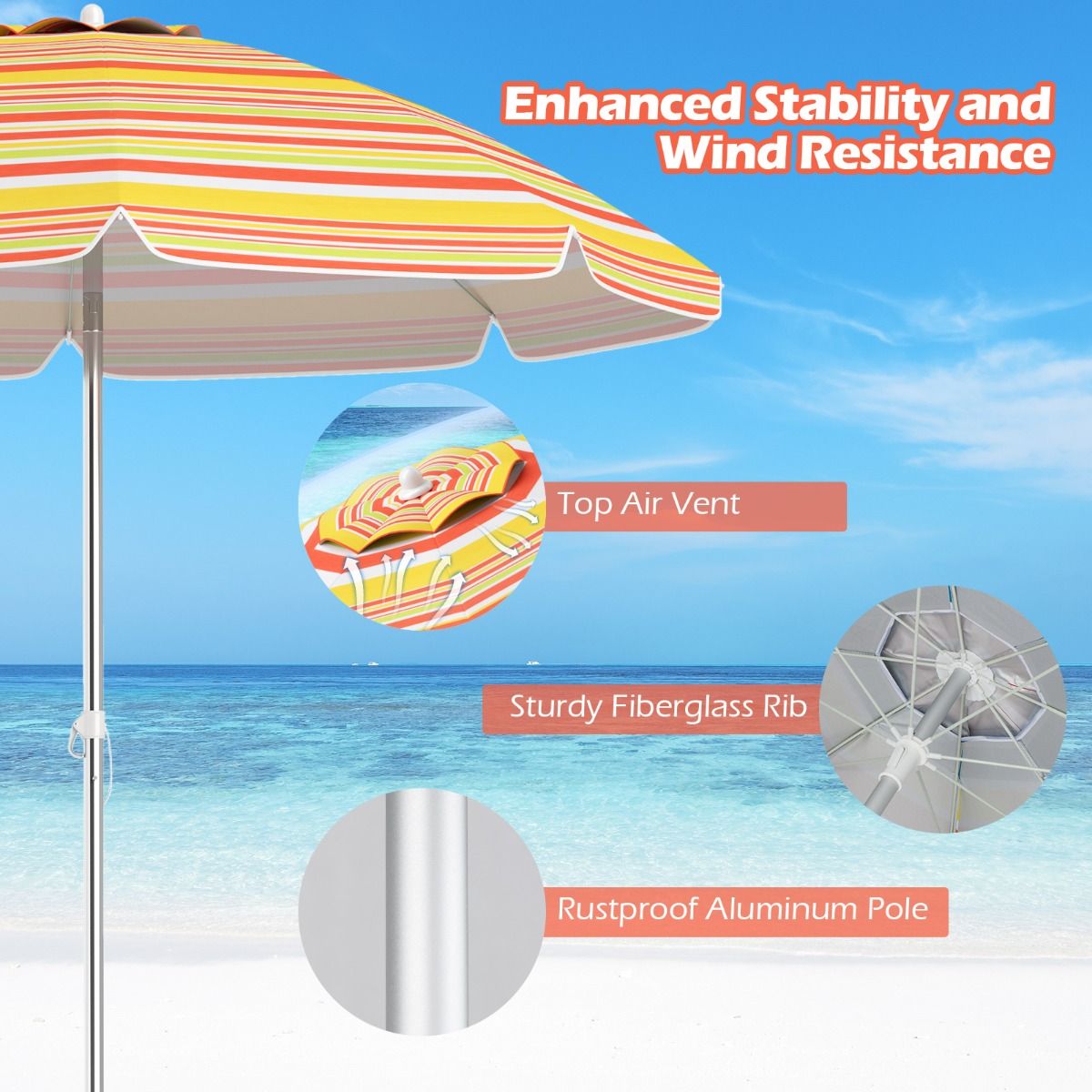 Parasol de plage Coast Ø198 x 206 cm - Rouge/Jaune - Parasol portable avec ancre de sable et sac de transport