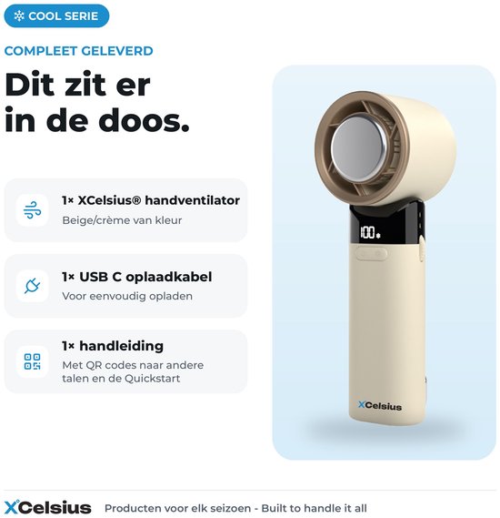 Ventilateur portable XCelsius® - Mini-ventilateur pliable - Rechargeable via USB-C - Réglage continu de 0 % à 100 % - Avec plaque de refroidissement instantanée - Beige/Crème
