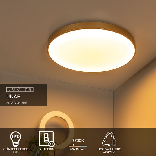 Lucide UNAR - Plafonnier - Ø 60 cm - LED 3 StepDim - 1x60 W 2700 K - Or mat / Laiton