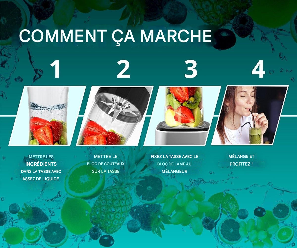 Blender FITAGE, Mélangeur à Smoothie, 500w, 2x 650ml