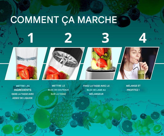 Blender FITAGE, Mélangeur à Smoothie, 500w, 2x 650ml