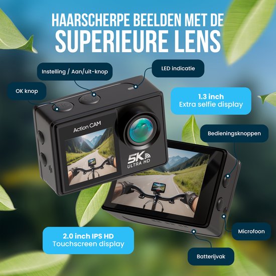 Camera 5K - Strex Action - 50MP, 60FPS - 30M - Waterproof - Écran tactile - Microphone externe - Accessoires inclus - Noir