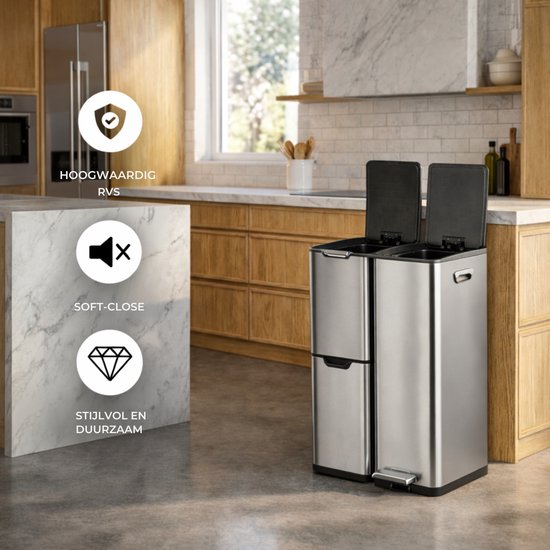 Bayt Poubelle - Poubelle 60 litres - Poubelle 60 litres - Poubelle à pédale 60 litres - Poubelle tri sélectif - Poubelle 3 compartiments - Poubelle - inox - Silver