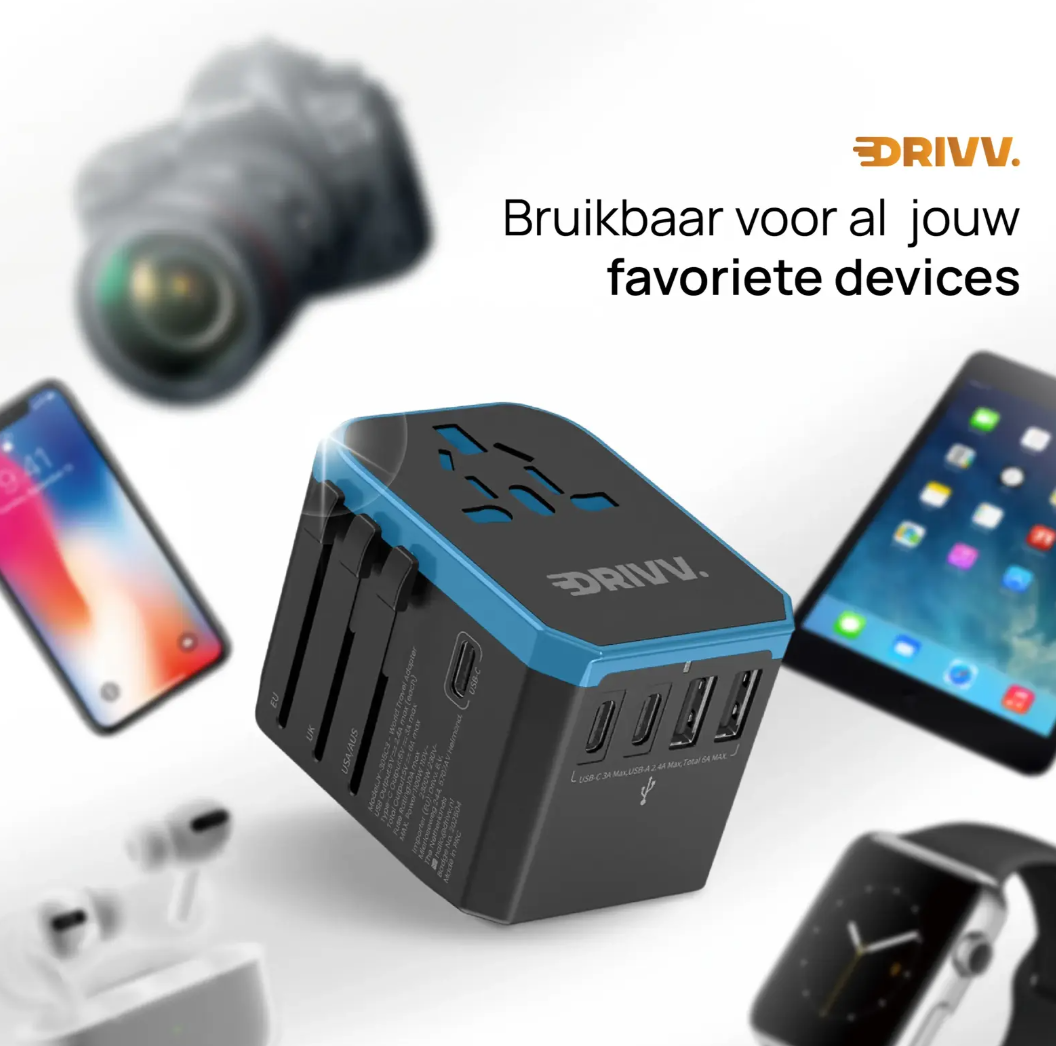 Drivv - Adaptateur universel USB-C - 6 ports - 2 300 W - Compatible avec plus de 150 pays