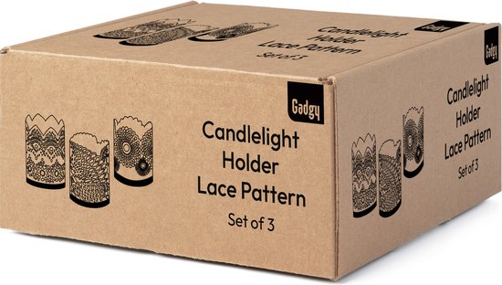 Gadgy Porte-lampions rond - Lot de 3 Porte-lampions Décoration Salon - Lumière d'ambiance à l'intérieur - Porte-bougies pour bougies 8.5x10.5 cm - Lampe à vent en métal - Noir/Or - Cadeau pour Femme - Motif Dentelle