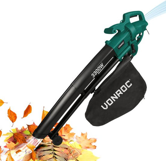 Souffleur de feuilles - Vonroc - 3300W - Vitesse 270 km/h - Broyage intégré - Sac 40L - Noir/Vert