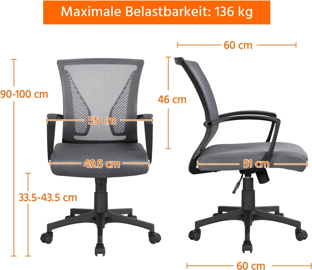Chaise de bureau Yaheetech en maille, gris foncé