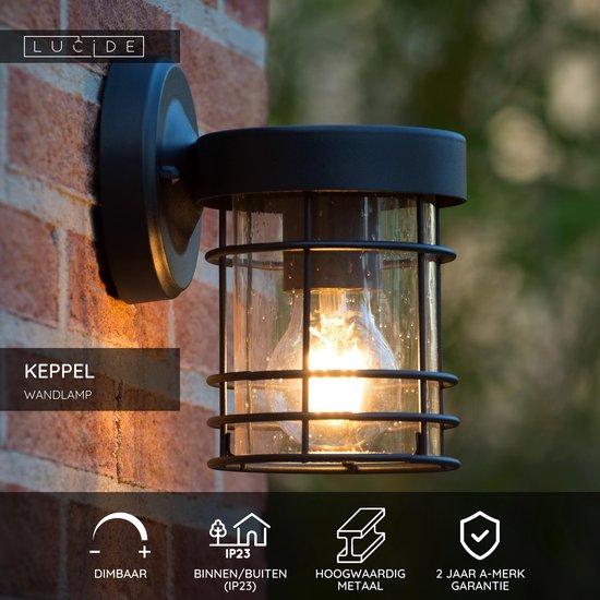 Lucide KEPPEL - Applique murale intérieur/extérieur - 1xE27 - IP23 - Noir