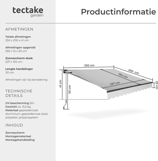 tectake® Sunshade with Articulated Arm - 250 x 200 cm - Store - Protection solaire pour fenêtre, balcon, extérieur - Fixation murale - Résistant à l'eau et aux UV - Gris clair