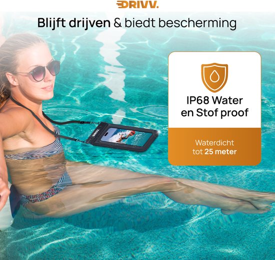 Drivv. Étui de protection étanche de luxe pour téléphone – Flottant – Double fermeture à clip – Éponge supplémentaire – Téléphones jusqu'à 6,8 pouces – Étui de protection sous-marin pour téléphone – Noir