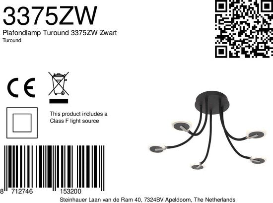 Plafonnier Turound 3375ZW – Lampe design noire avec verre, 91,5 cm, orientable et inclinable, Steinhauer, LED, à intensité variable, 5 000 lumens