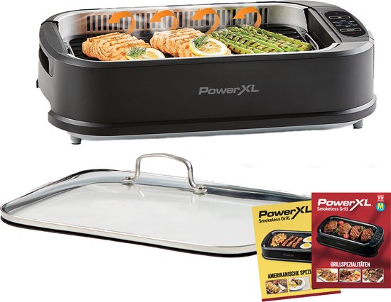 PowerXL Smokeless Grill - Gril électrique - plaisir de griller sans fumée et sans odeur - avec plaque de gril et fonction arôme - revêtement antiadhésif - avec couvercle en verre thermo - gril d'intérieur - 1500 watts - Édition de vente par correspondance