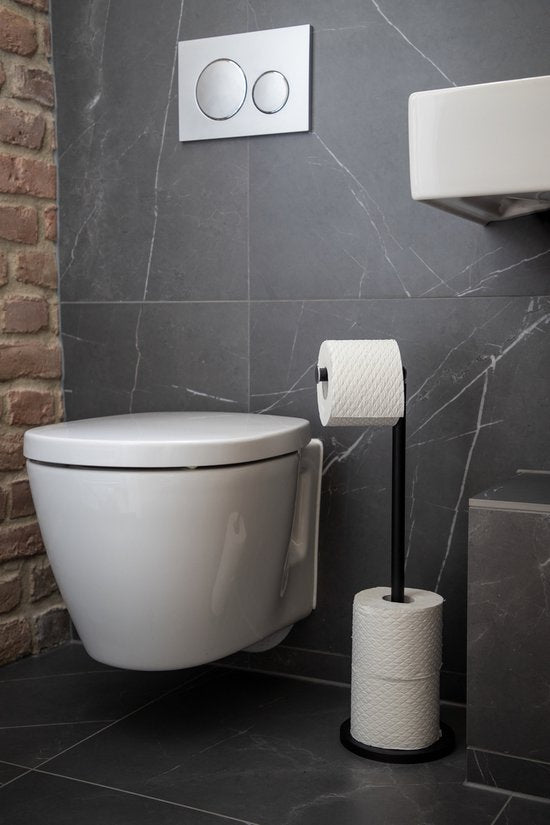 Porte-rouleau de papier toilette WENKO 2-en-1, acier noir - Porte-rouleau de réserve - Porte-rouleau de papier toilette sur pied - Porte-rouleau de WC sur pied - Noir