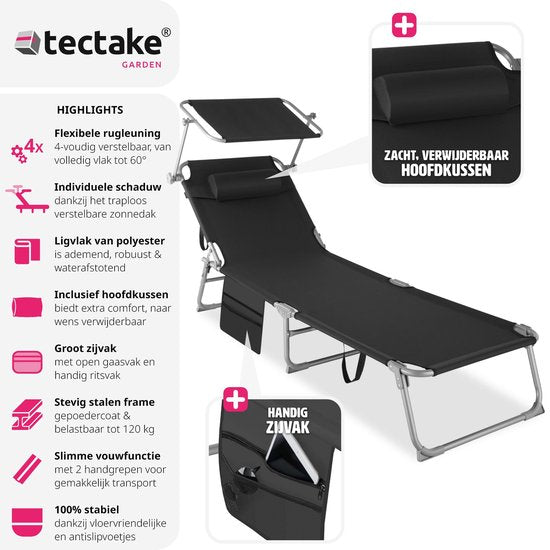 Chaise longue Tectake avec poche latérale et coussin de tête amovible - réglable - pliable - 68 x 190 x 28 cm - noir