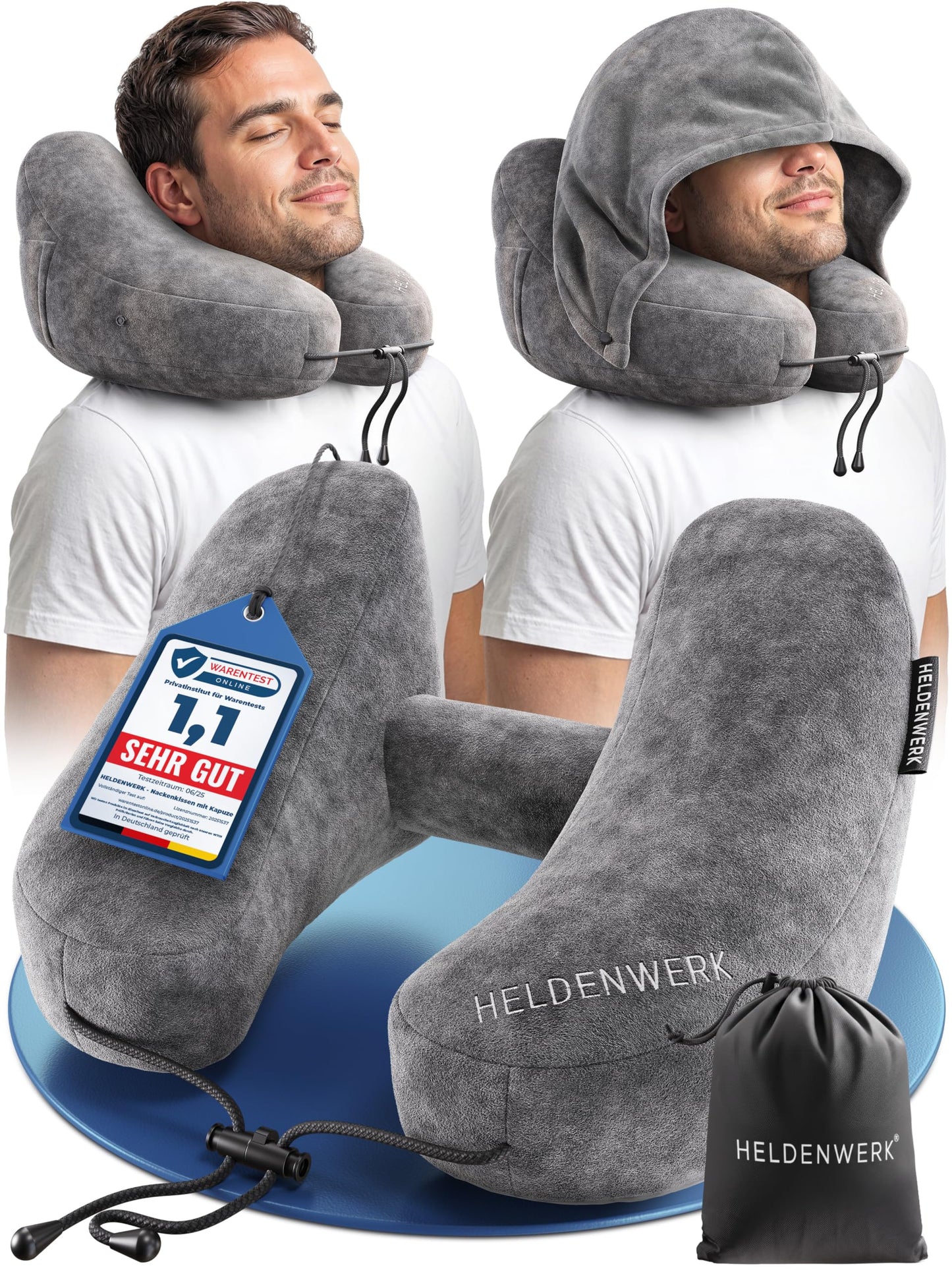 Oreiller cervical Heldenwerk - Gonflable - Valve Comfort - Capuchon - Grand format - Gris foncé