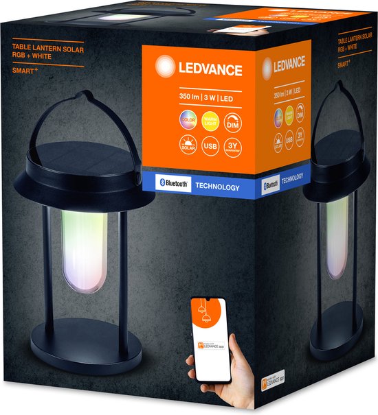 Lampe de table solaire Bluetooth LEDVANCE SMART+ Outdoor, avec lumière blanche (3000 K) + lumière colorée, autonome (sans alimentation électrique), jusqu'à 5 heures d'autonomie à 100 % de luminosité, rechargeable, indice de protection IP44, noire