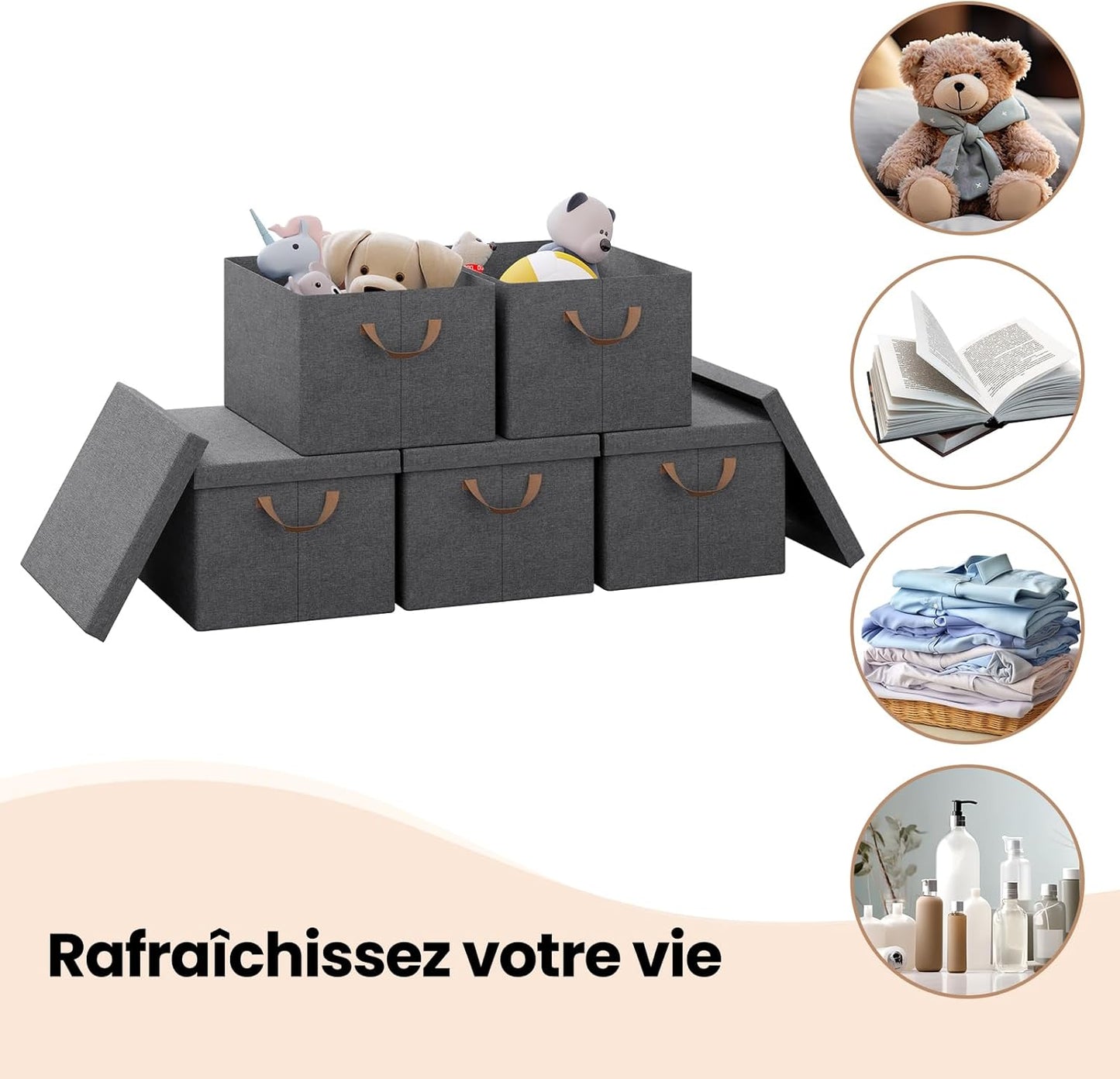 Lot de 5 boîtes de rangement WOLTU - Gris - 43 x 26 x 33 cm