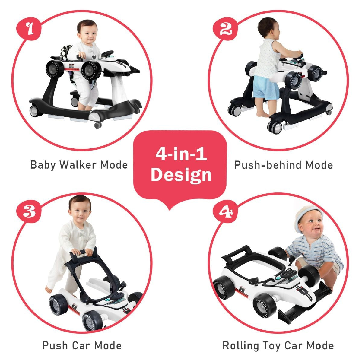 Poussette 4-en-1 avec hauteur et vitesse réglables Chariot pour bébé avec patins antidérapants Poussette pliable Noir/jaune/bleu/gris/blanc/rouge