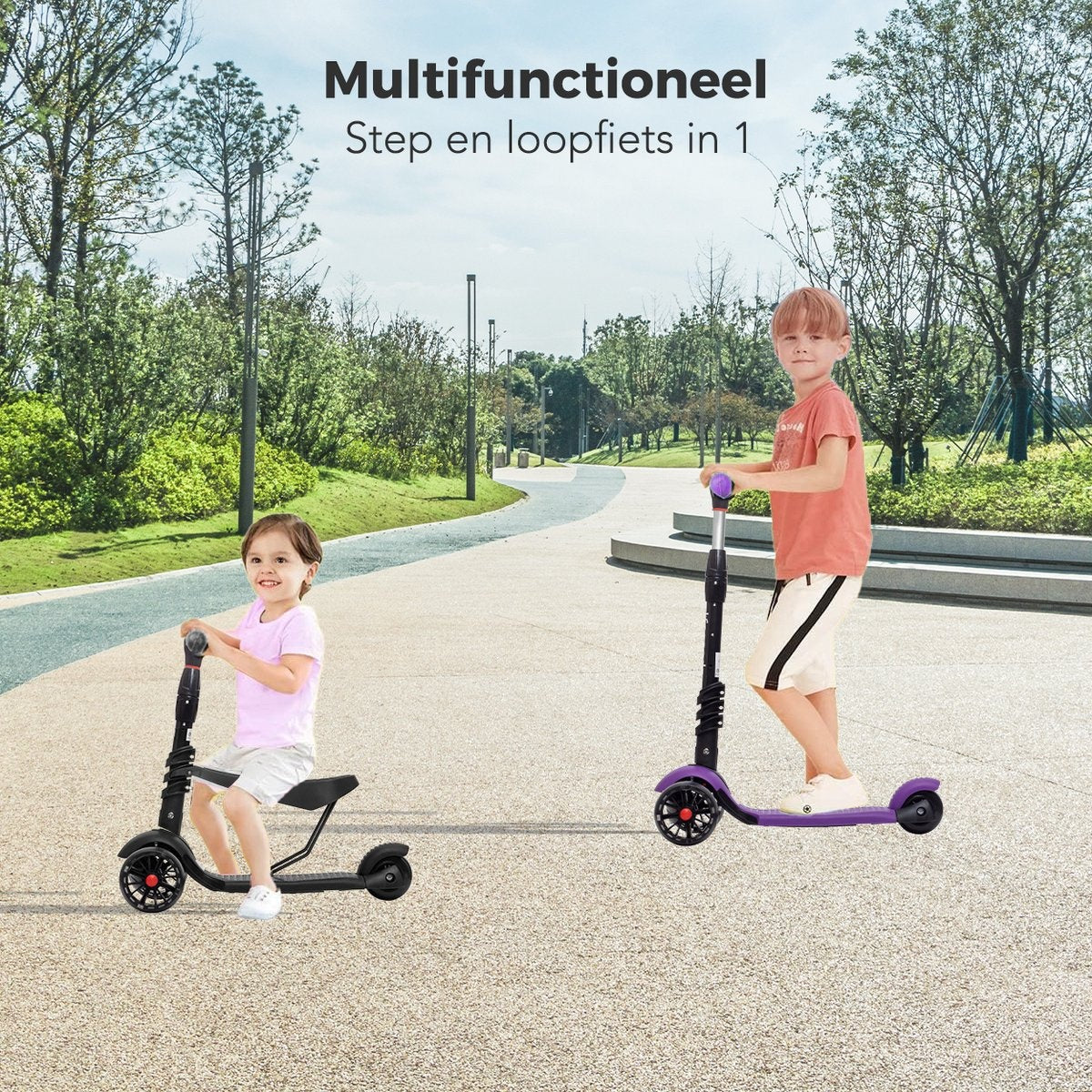 LifeGoods MultiRider Kids Scooter - Step 3-8 Years - Siège ajustable - Luminous Wheels - Boys/Girls - Black