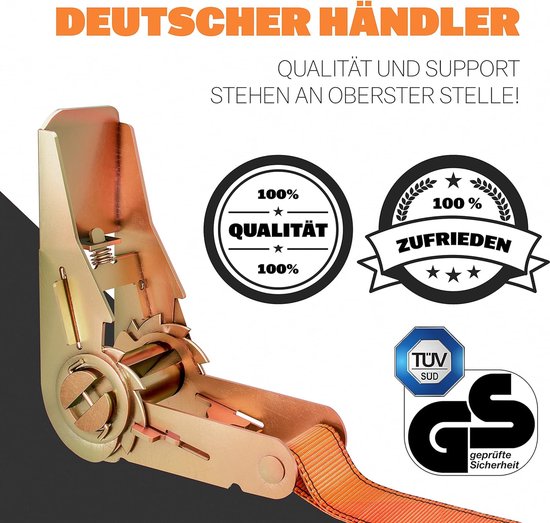 4 pièces sangles à cliquet, en 4 m, 5 m ou 6 m, sangles à cliquet, certifiées TÜV/GS, avec double couture, sangles d'arrimage, résistantes aux intempéries et robustes