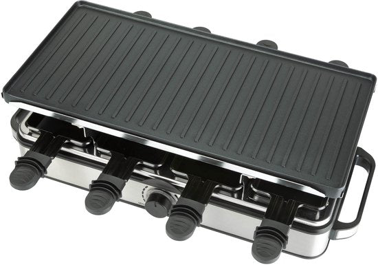 Bourgini Gourmet Raclette Pure - Set gourmet avec plaque réversible pour le gril et la cuisson - Raclette 8 personnes - 21x42 cm - Revêtement sans PFAS - Thermostat réglable - 8 spatules et poêles incluses