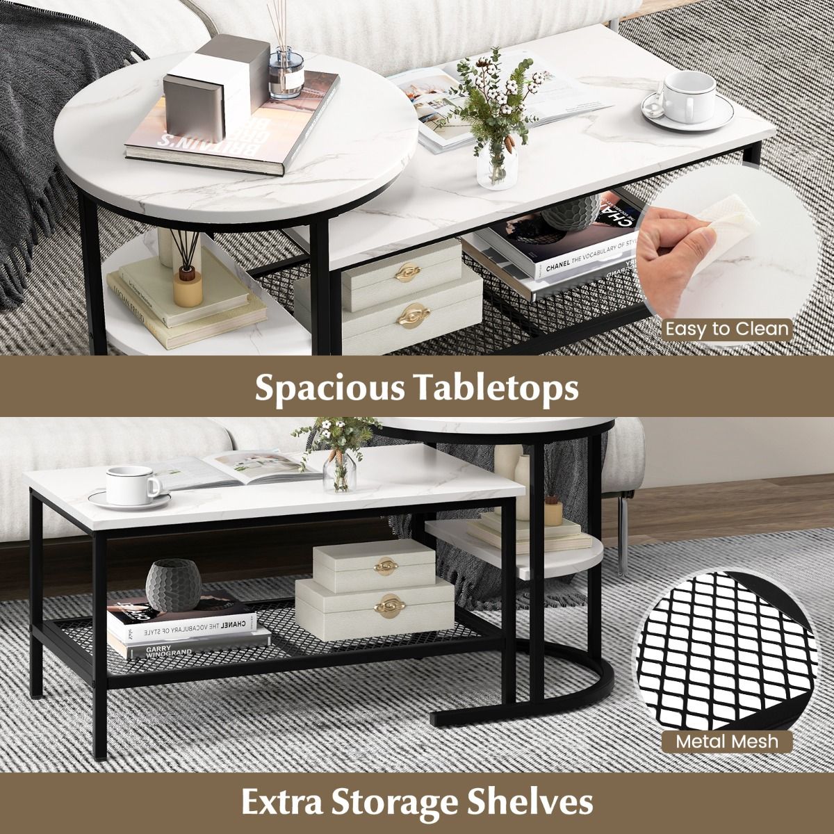 Ensemble de tables d'appoint Coast - table basse et table d'appoint - plateau aspect marbre - noir et blanc
