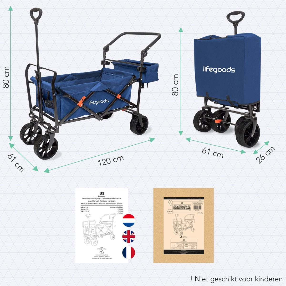 Chariot LifeGoods - Pliable - Jusqu'à 120KG - 90L - Polyester lavable - 120x80cm - Bleu