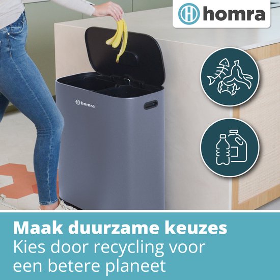 Homra Rockx Pedal Bin 60 Litres - Duo Trash Bin 2X30L with Odour Filter - Stainless steel Waste Separation Trash Bin 2 Compartments - Recycle Trash Bin - Garbage Bin Kitchen Waste Separation - Waste Bin - Double Trash Bin Grey