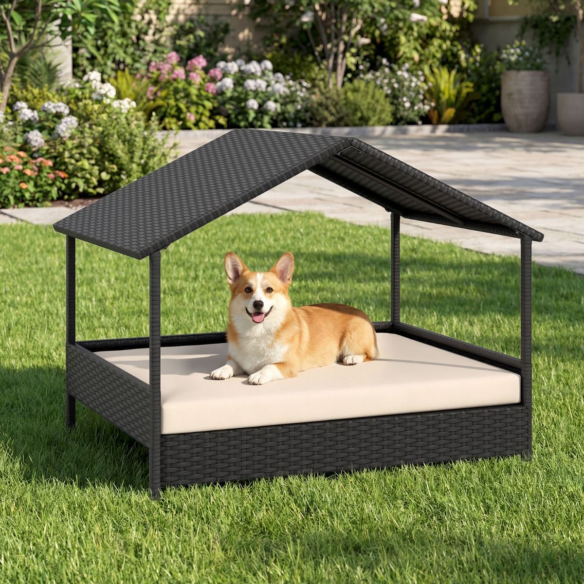 Panier pour chien Coast avec baldaquin - Canapé surélevé en rotin pour chien - Coussin inclus - Beige