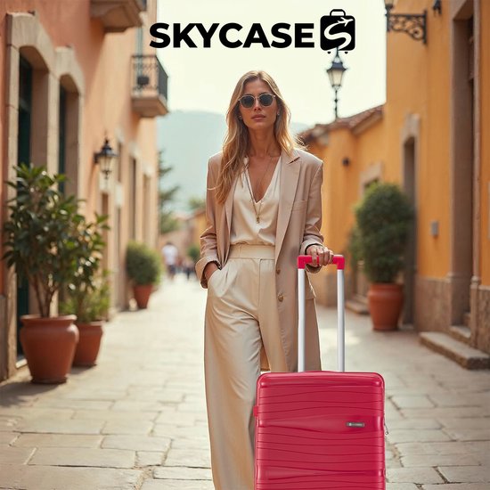 SKYCASES Travelin' Charm 4-Piece Trolley Set - Hand Luggage & Check-in Suitcases - 32L/60L/98L - Number Lock - 360° Noiseless Wheels - Lightweight & Sturdy - Modern Design - Rouge