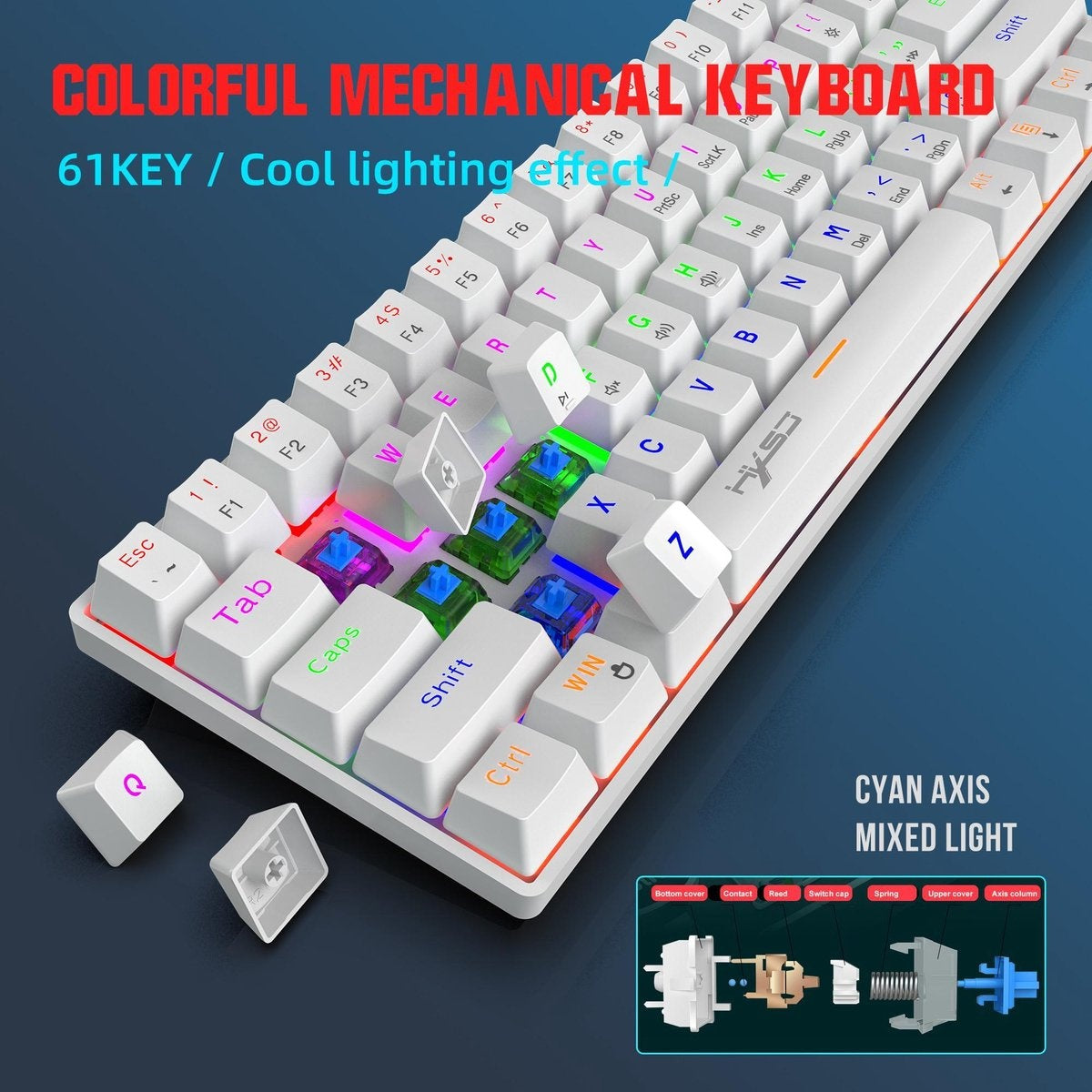 HXSJ V900 - Wired Mechanical Gaming Keyboard - RGB Lighting - Ergonomic - QWERTY - 61 Keys - Blue Switch - White