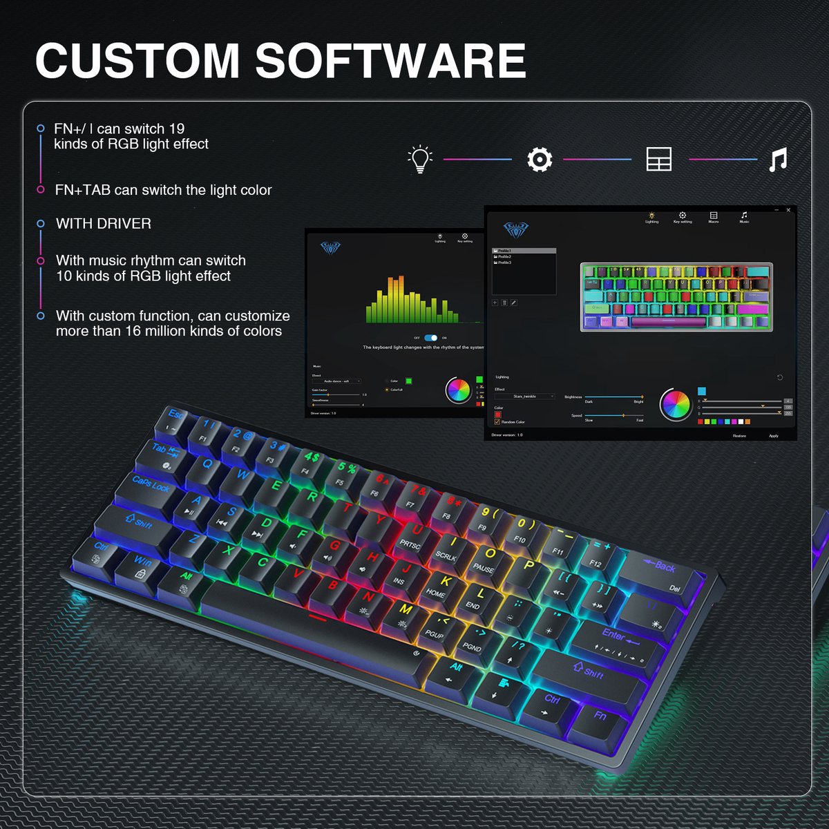 AULA F3261 - Clavier de jeu filaire - Mécanique - Full RGB - 61 touches - Commutateur rouge - Hot swap - Claviers Qwerty - Noir