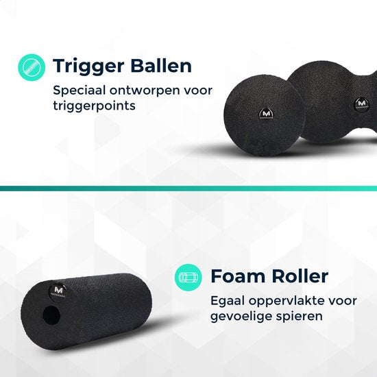Massagerr® Mini Box - Boule de Massage, Boule de Massage Duo & Mini Foam Roller - Rouleau de Massage - Fascia - Fitness - Trigger Point Massage Set - Inclus Stress Ball - Noir
