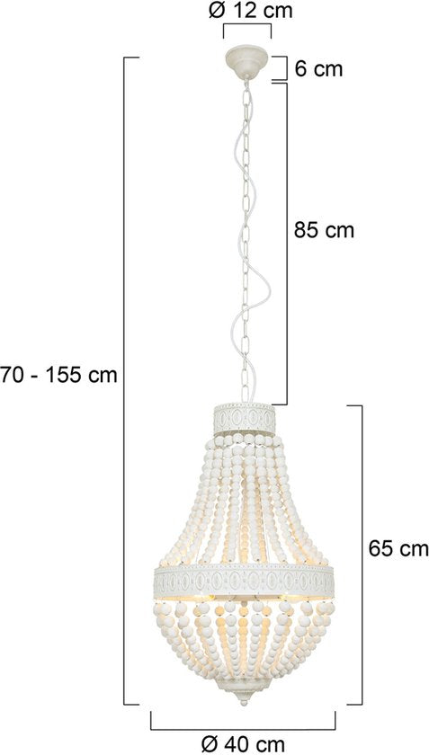 Suspension Ella 10191W - Lampe tendance à perles blanches en bois et métal, hauteur réglable de 70 à 155 cm - Marque : Mexlite