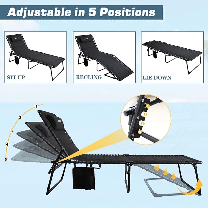 Chaise longue pliable Yaheetech - 5 positions - Ouverture au niveau du visage - Coussin de 9 cm - Noir